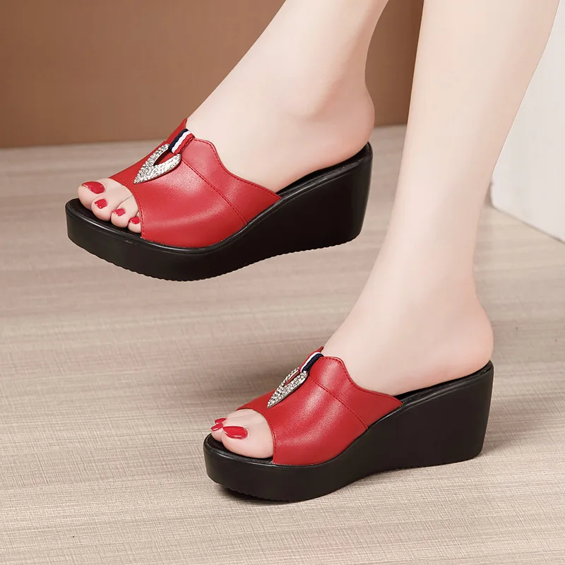 High quality summer wedge leather sandals for women 6cm mid heel new 2024 size 32 33 43 platform open toe elegant shoe black red