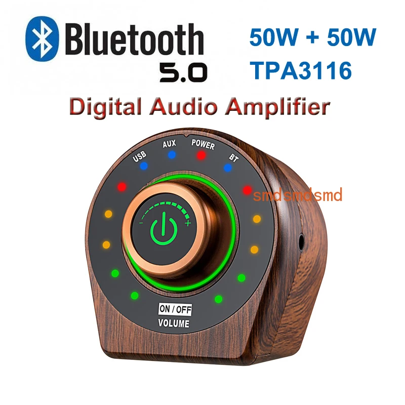 Amplificador de Audio Digital Clase D TPA3116 de 50W+50W con Bluetooth 5.0, Amplificador HiFi Estéreo Retro de Madera para Cine en Casa