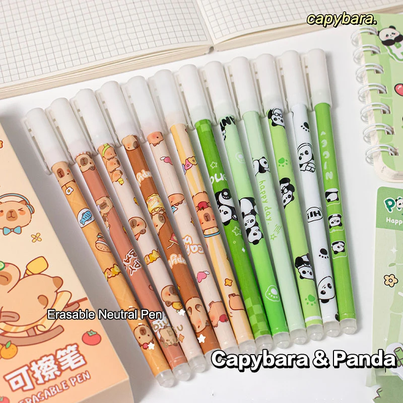 12Pcs Cartoon Capybara Panda Gel Pen Writing Smooth Quick-Drying Blue Erasable Pens Kawaii Student Stationery Office Supplies