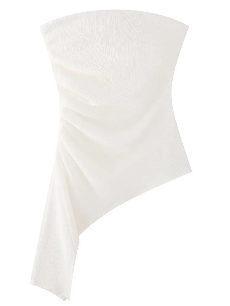 بلوزة HXAO للسيدات ذات ثنيات وكاميس باللون الأبيض قطع علوية ضيقة للسيدات بدون أكمام ورقبة رسن بلوزة أنبوبية