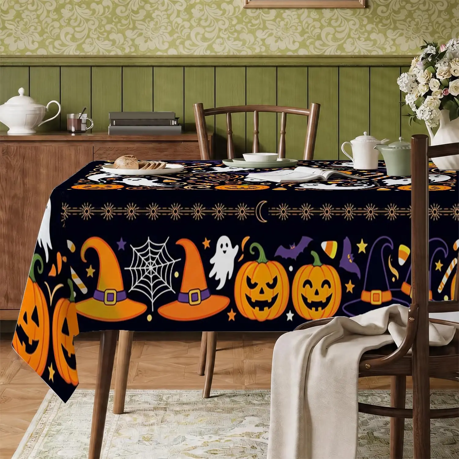 Halloween Pumpkin Ghost Witch Hat Spider Web Tablecloth for Table Decor Washable Kitchen Dining Table Cloth Halloween Decoration