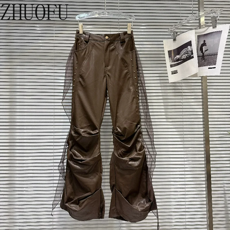 Women's Fashion Leather Pants Sweet Cool Design Mesh Strap Belt Rivet Folded PU Flared Pants Versatile 2026 Autumn New Ladies