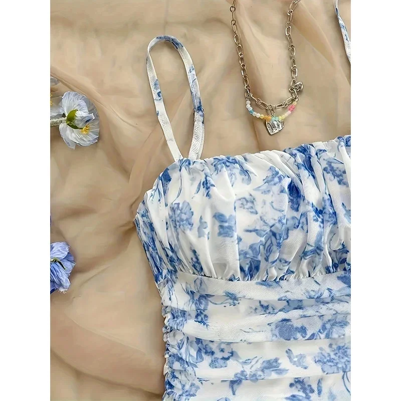 Jurken Zomer Casual Bloemenprint Mouwloos Vierkante Hals Plooien Mini Dagelijkse Cami-jurken voor dames