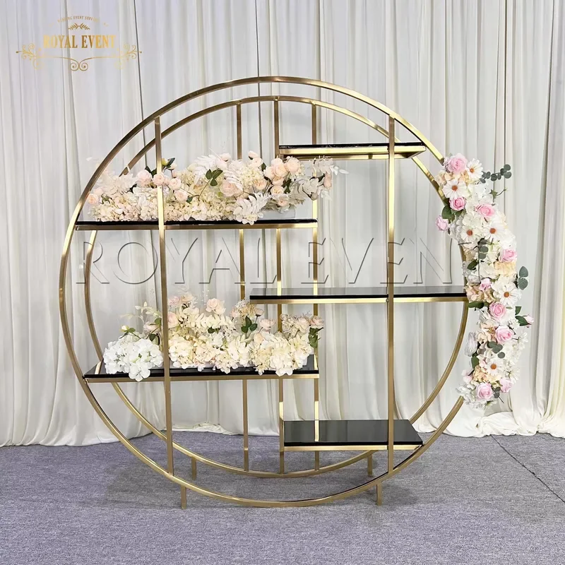 Golden Round Flower Arch Wedding Backdrop Stainless Steel Bar Wine Rack Event Party Decoration Supplies Elegant Ceremony