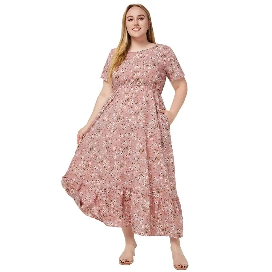 Plus Size Floral Print Short Sleeve O Neck Pockets Bohemian Summer Holiday Beach Dresses For Women