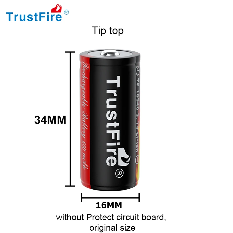 100% TrustFire Original 16340 880mAh (NO PCB) 3.7V Rechargeable Li-Ion Battery 500 Times Suitable For Flashlight And RC Toy 34MM