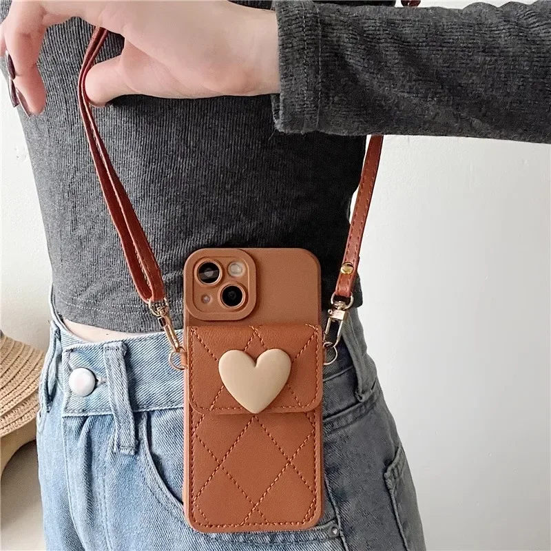 Niedliche Crossbody-Lanyard-Hülle für Samsung Galaxy S25 Ultra S26 Edge S24 FE S22 S23 Plus mit Trageriemen, Kartenfächern und 3D-Liebesherz-Design