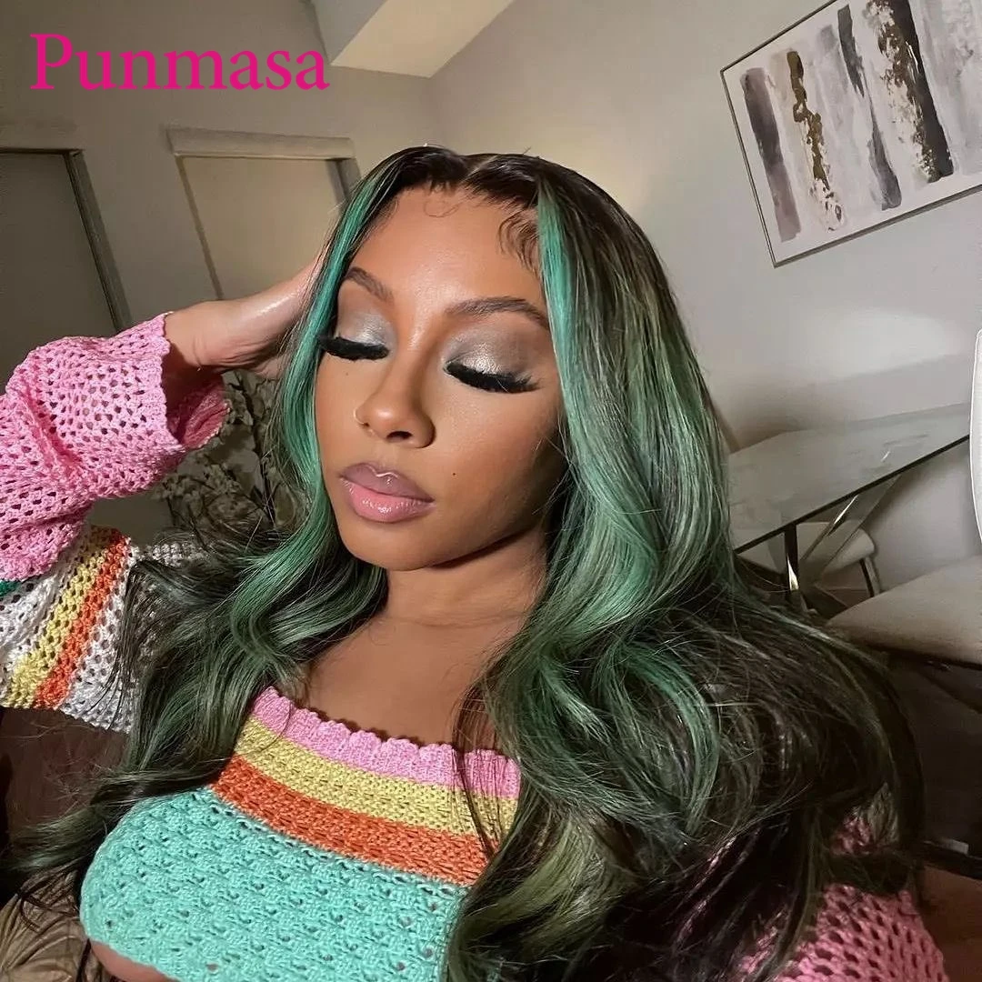 Green Lake Splice Color Body Wave Lace Front Peruca de cabelo humano para mulheres negras, 360 Lace Frontal Wig, 30 \