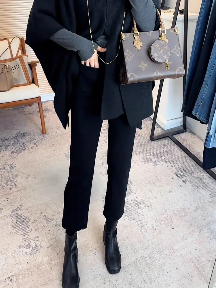 하이웨이스트 안감 있는 스트레이트 레그 진 여성용 2025년 신상 블랙 가을 겨울 슬림핏 레이디스 브레드스티 팬츠