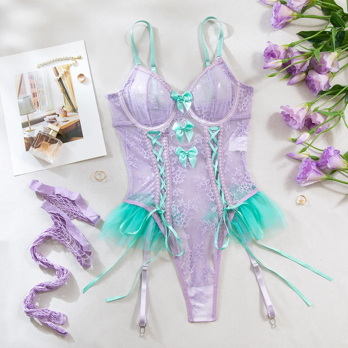 

Женский сексуальный кружевной экзотический комплект, прозрачное тонкое нижнее белье, боди с бантом, комбинезон, перспективное нижнее белье, экзотическая одежда