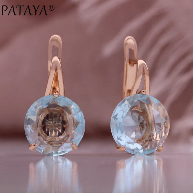 PATAYA Light Blue Round Zirconia Fine Earrings 585 Rose Gold Color Simple Jewelry Women For Earrings Daily Versatile