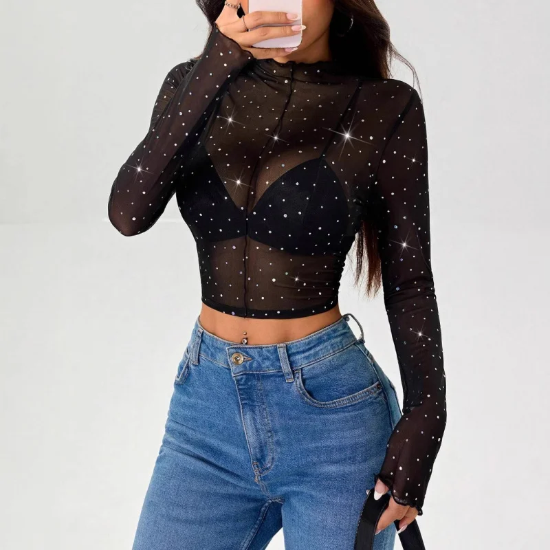 

2025Autumn and Winter New Women's Small Stand Collar Long Sleeve Mesh Transparent Sequin DecorationTWomen's T-shirt