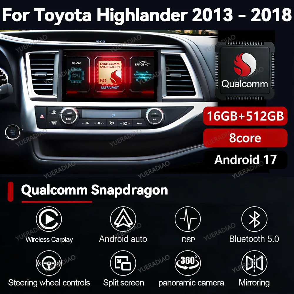Android 17 Car Radio For Toyota Highlander Kluger 3 XU50 2013 - 2019 Wireless Carplay Auto Multimedia Viedo Player 4G WIFI NAVI