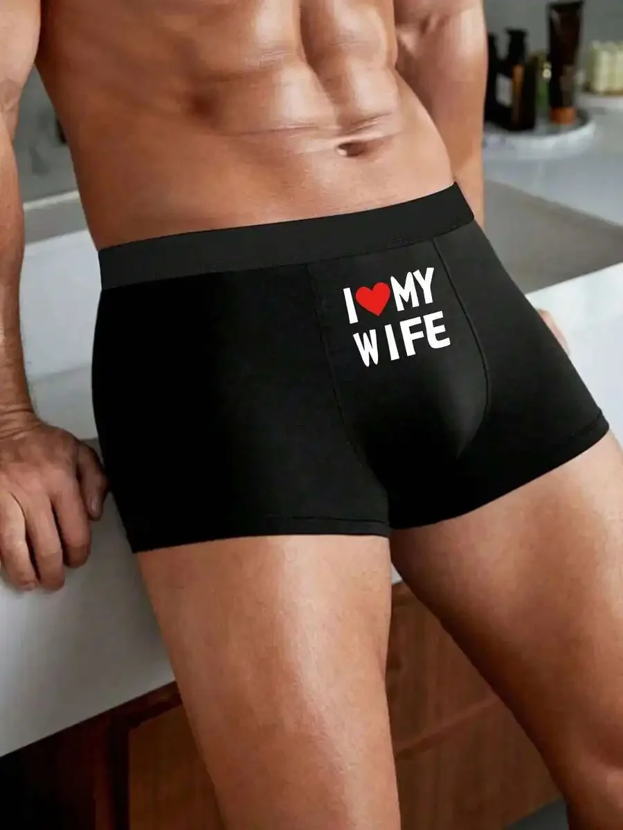 

Men's Comfortable Stretchy Lightweight Letter Print Boxers Briefs, 'I Love You', 'My Wife', Wedding, Confession, Anniversary, Da