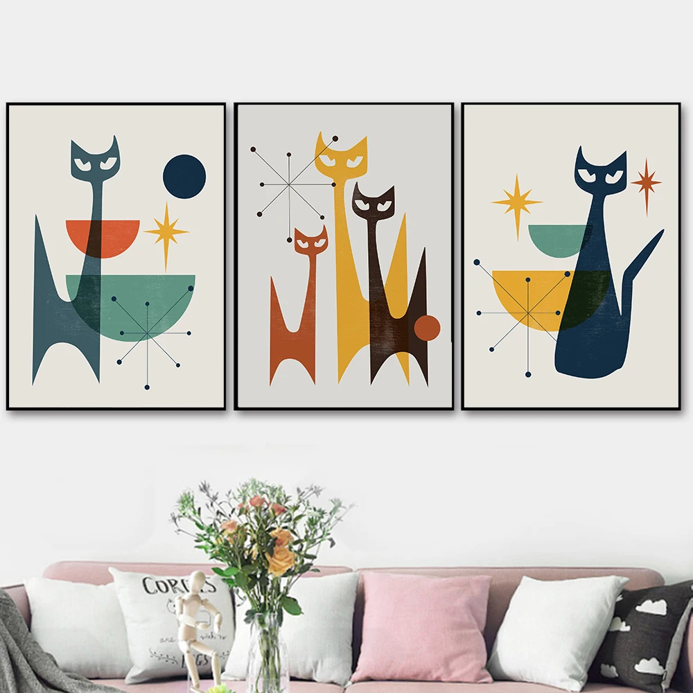 Black Cats Poster and Print Canvas Painting Mid Century Retro Satellite Atomic Wall Art Pictures for Living Room Home Decor