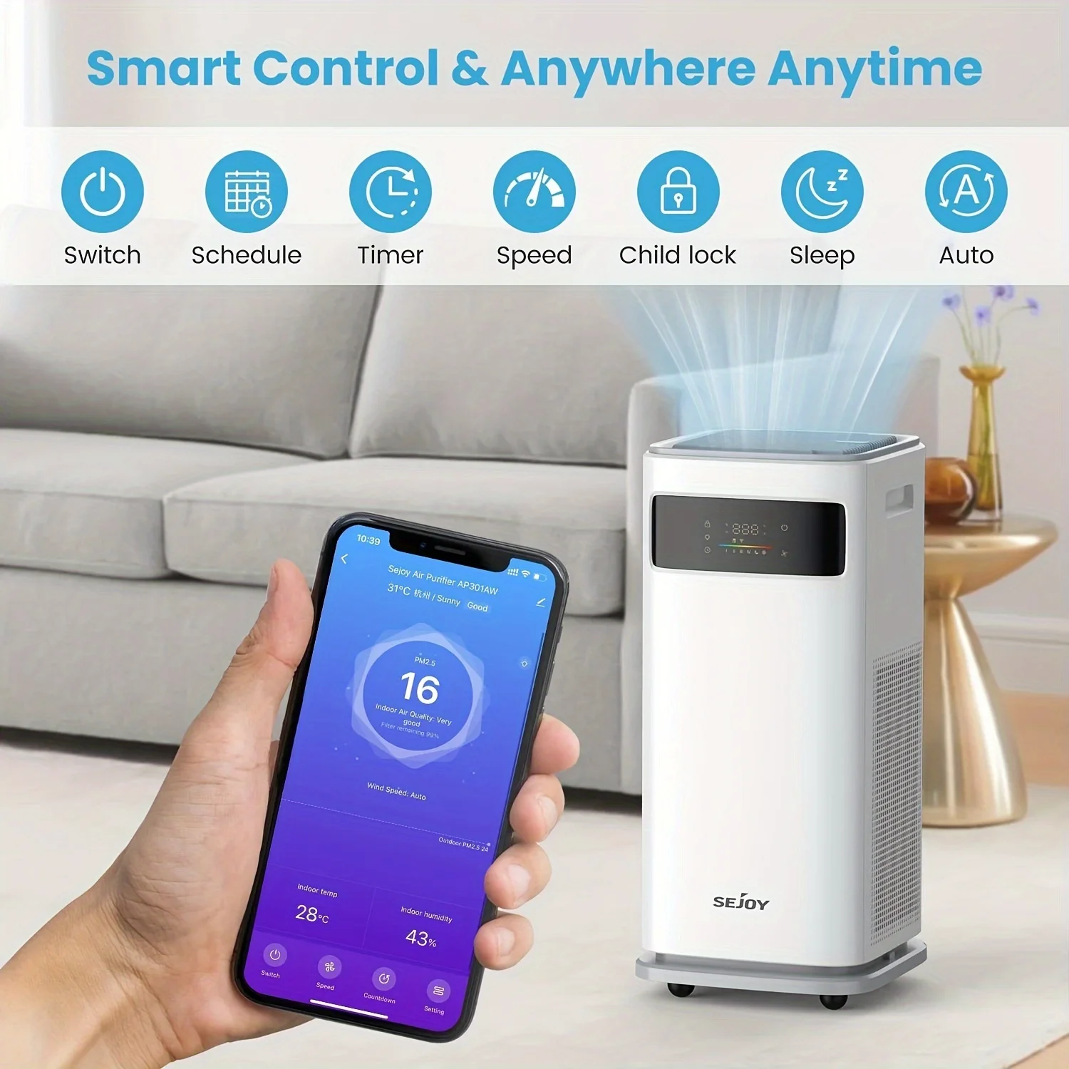 Sejoy Smart Air Purifier HEPA Filter Large Size High Quality APP Control WiFi Air Cleaner For Home Up To 2500 Sq.ft