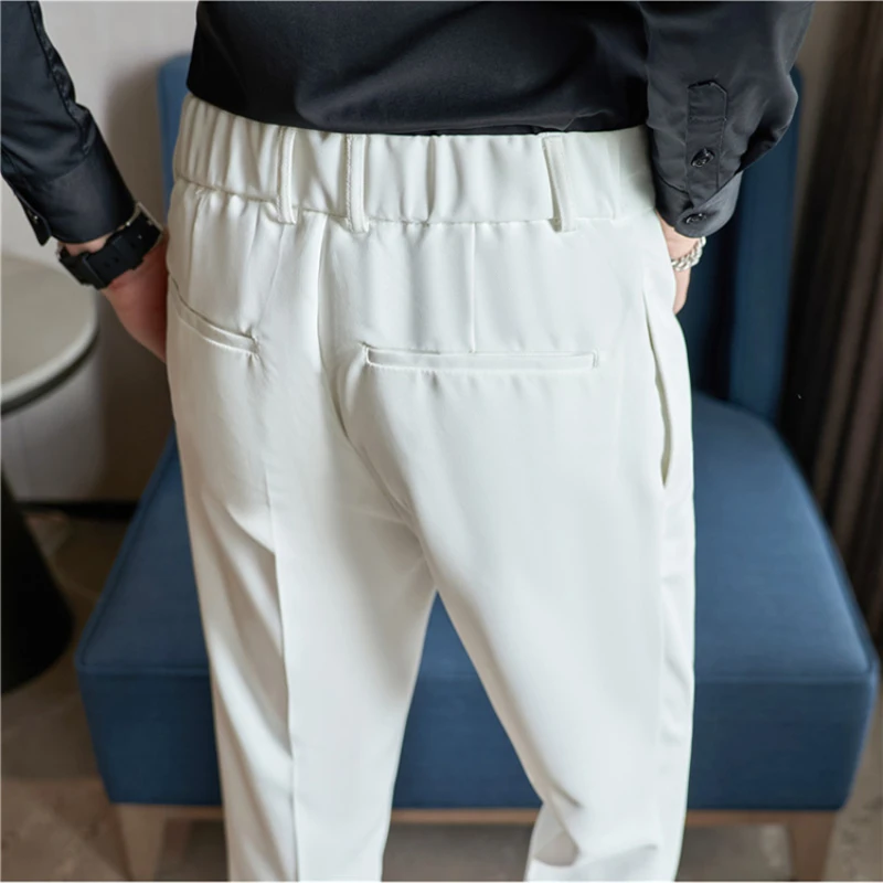 Autumn Elastic Waistline Straight Pants for Men Casual Business Suit Pants Belt Decoration Ankle Length Office Social Trousers