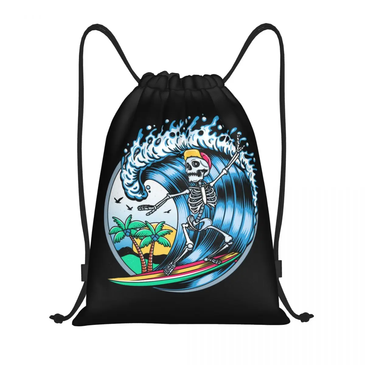 

Custom Summer Surf Rider Skull Surfing Drawstring Bags Women Men Foldable Sports Gym Sackpack Training Backpacks