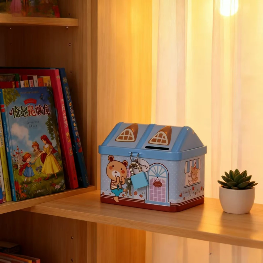 

Cute little house shape tinplate piggy bank student children with lock storage box change jar prize gift