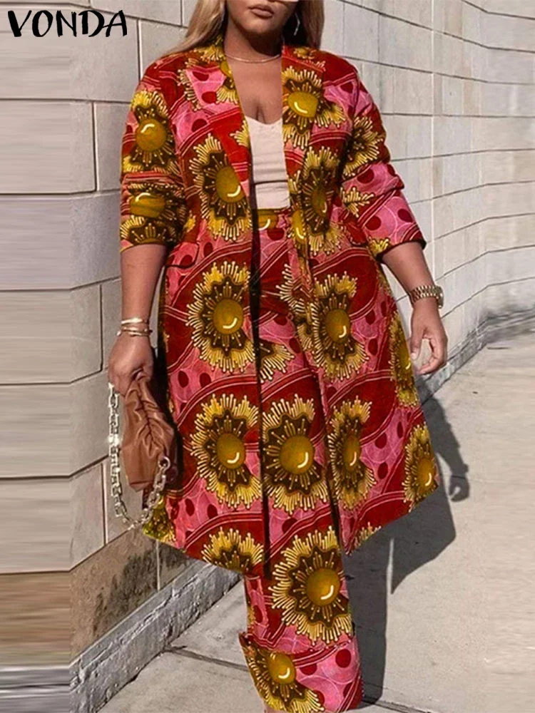 Plus Size VONDA Zestawy damskie dwuczęściowe 2024 Wakacyjne czeskie nadruki Eleganckie stroje z długim rękawem Moda Casual Proste garnitury 2szt