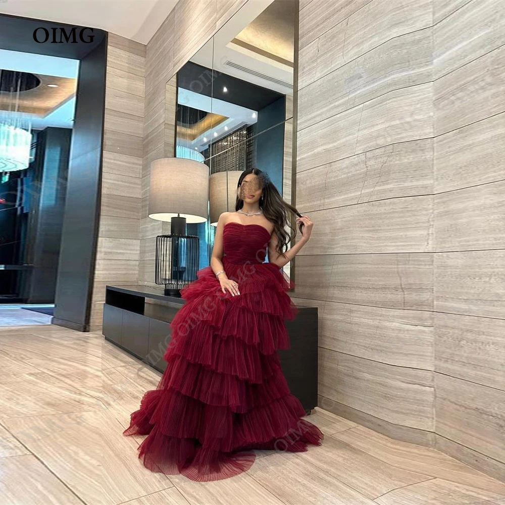 

OIMG Burgundy Classic Tulle Tiered Prom Dresses Sweetheart Sleveless A Line Long Evening Party Gowns Robes De Soirée Custom