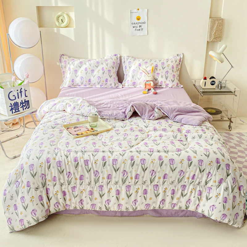 Purple Flowers Print Quilt Summer Cooling Blanket Single Double Queen Size Bed Comforters Air Conditioning Quilt Light Duvet