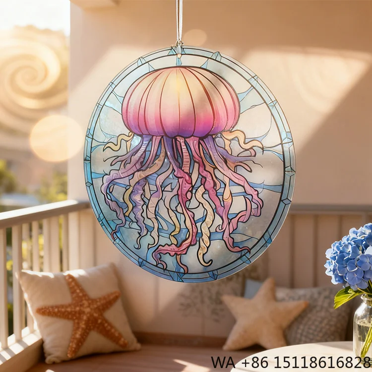 Sea Animal Stained Glass Window Hanging Jellyfish Sun Catcher for Home Wall Room Decorations