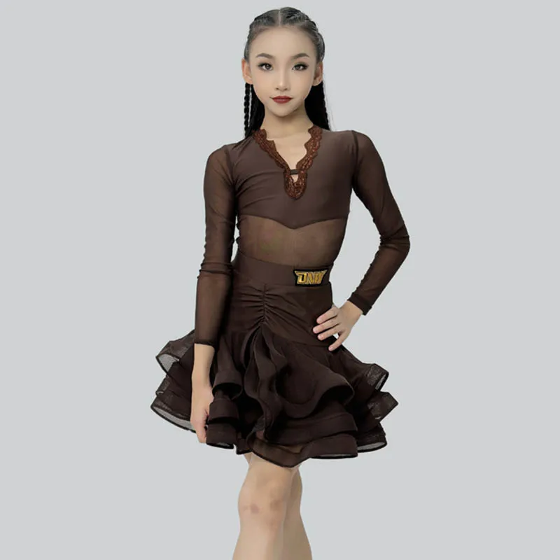 

Brown Latin Dance Suit Girls Samba Stage Wear Chacha Competition Clothing Kids Latin Practice Top Long Sleeve Dancing Skirt 1631