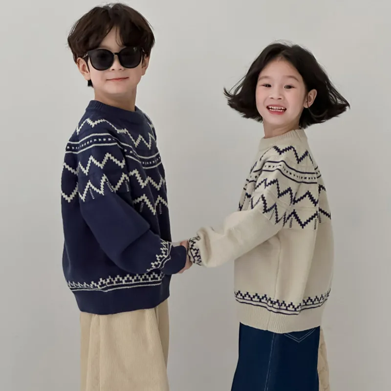 Kids Sweater 2024 Autumn Winter Boys and Girls Wave Knitted Pullover Children's Clothing Sibling O-Neck Loose Knit Tops