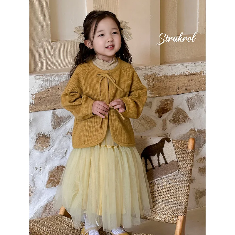 

Girls Suit 2024 Autumn New Childrens Wear Korean Style Baby Girl Knitted Texture Yarn Cardigan Gauze Skirt Two-piece Set Casual