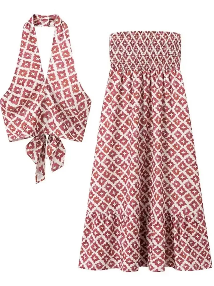 

Summer Fashion Printed Skirt Sets For Women Sleeveless Halter Neckline Top A Line Skirts 2 Piece Set Lady Beach Holiday Outfit