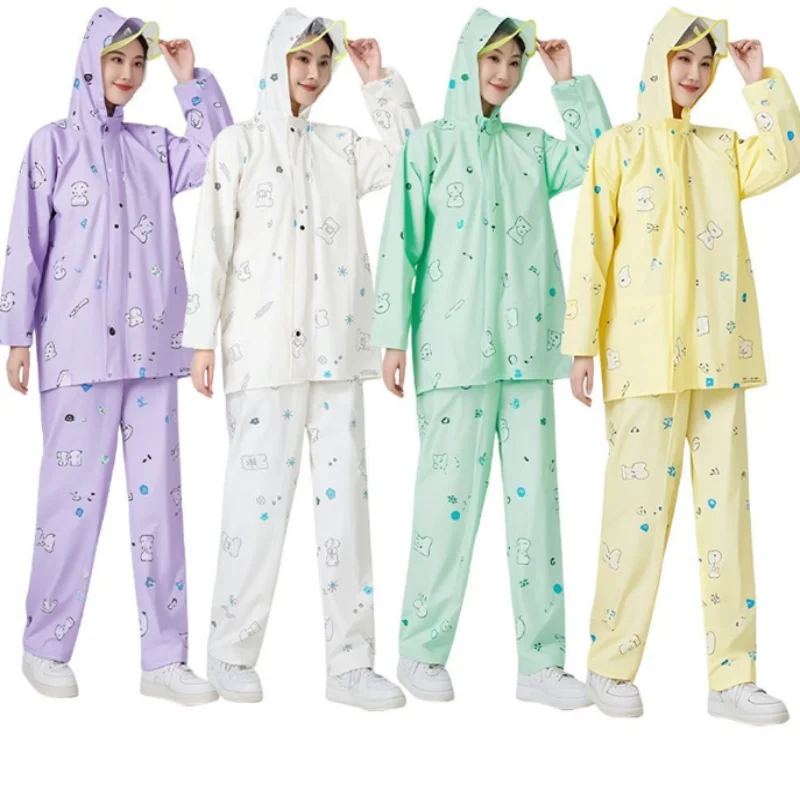 ﻿Couple PVC Cartoon Transparent Plastic Hooded Long Sleeved Dress Waterproof Soft Smooth Adult Raincoat Dustproof Top Pants Set