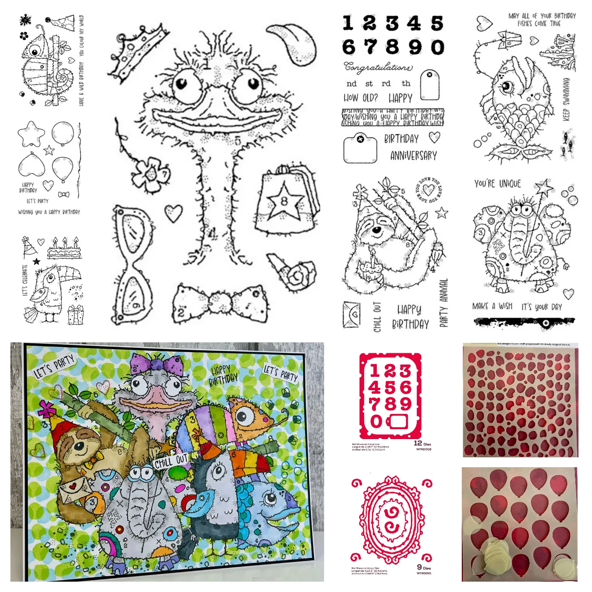Animal Birthday Party Balloons Bird Fishes Elephant Dies Balloon Backdrop Stencils DIY Scrapbooking Card Numbers word Craft Die