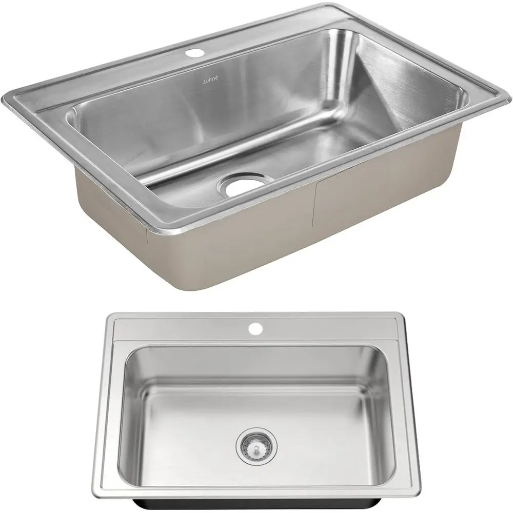 33-Inch Drop-In Single Bowl Sink - 33 x 22 x 9 in | 20 Gauge T304 Stainless Steel, Single Bowl, Single Hole Deck, Asymmetric Dra