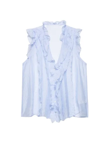 Imagen 2 del producto Blusa con volantes y botones sin mangas con cuello en V para mujer Top de moda semitransparente para mujer