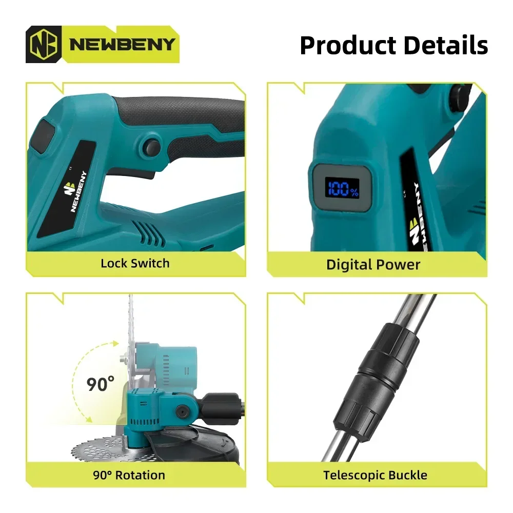 NEWBENY 9 นิ้วBrushlessเครื่องตัดหญ้าไฟฟ้าดิจิตอลจอแสดงผลไร้สายชาร์จสวนกําจัดวัชพืชเครื่องมือสําหรับMakita 18Vแบตเตอรี่