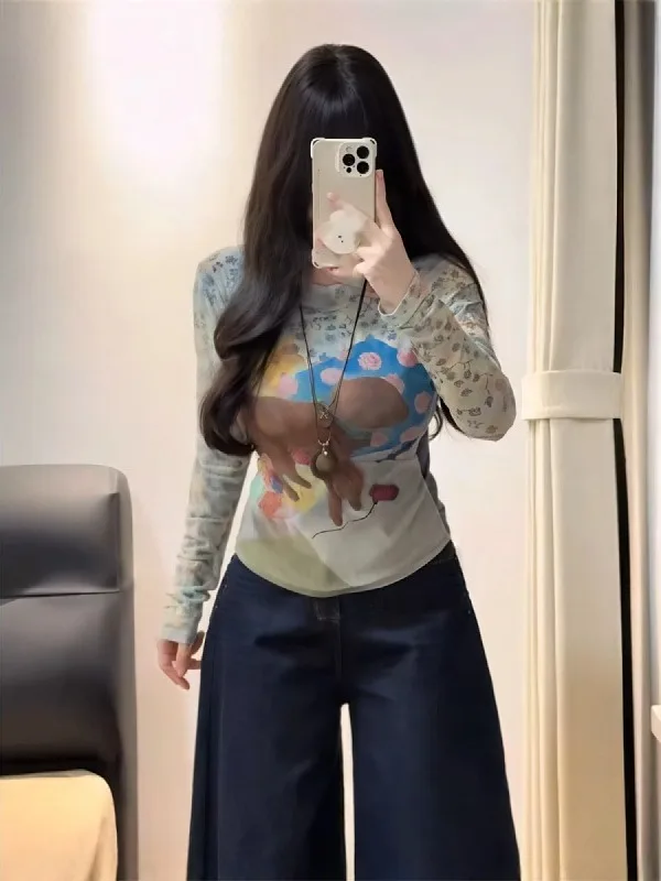 

Женская футболка больших размеров с принтом собаки, удлиненная, облегающая, для осени и зимы, повседневная, базовый слой, с эффектом похудения