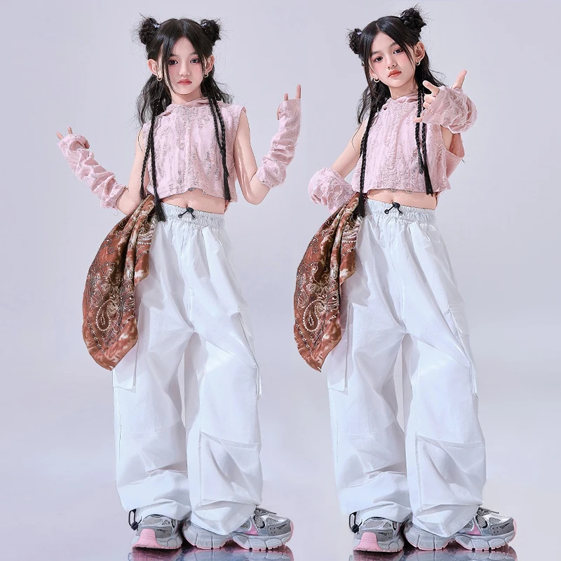 

Jazz Dance Costumes Girls Kpop Performance Wear Hip Hop Set Pink Crop Top Hoodie White Shuffle Pants Children's Clothing AMY1938
