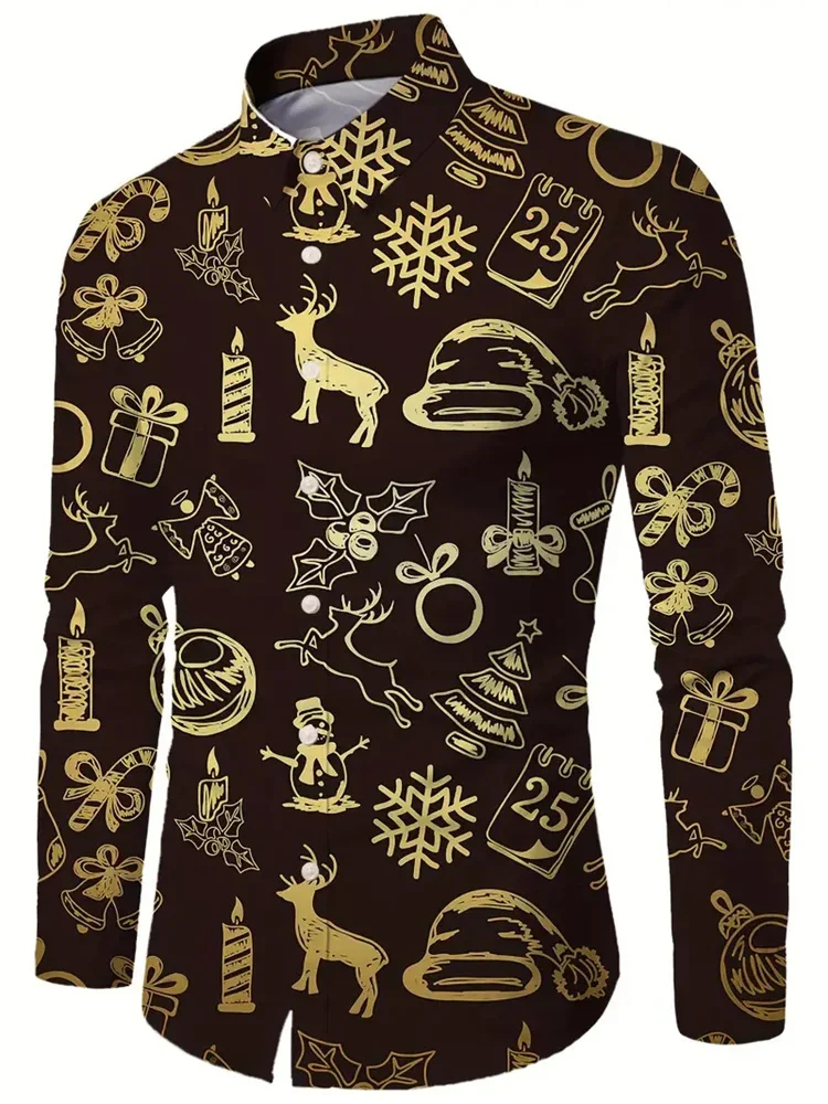 2026 Men's Latest Design Pattern Gold Red Christmas Theme Men's Deer Pattern Formal Christmas Pattern Long Sleeve Shirt Fashion