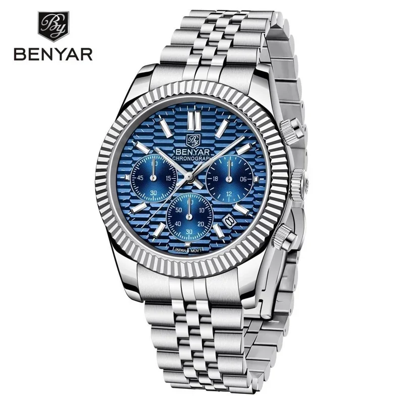 BENYAR Leisure Watch Six Hands Japan Quartz Chronograph Wristwatch Sapphire Crystal Stainless 100m Waterproof Multifunctional