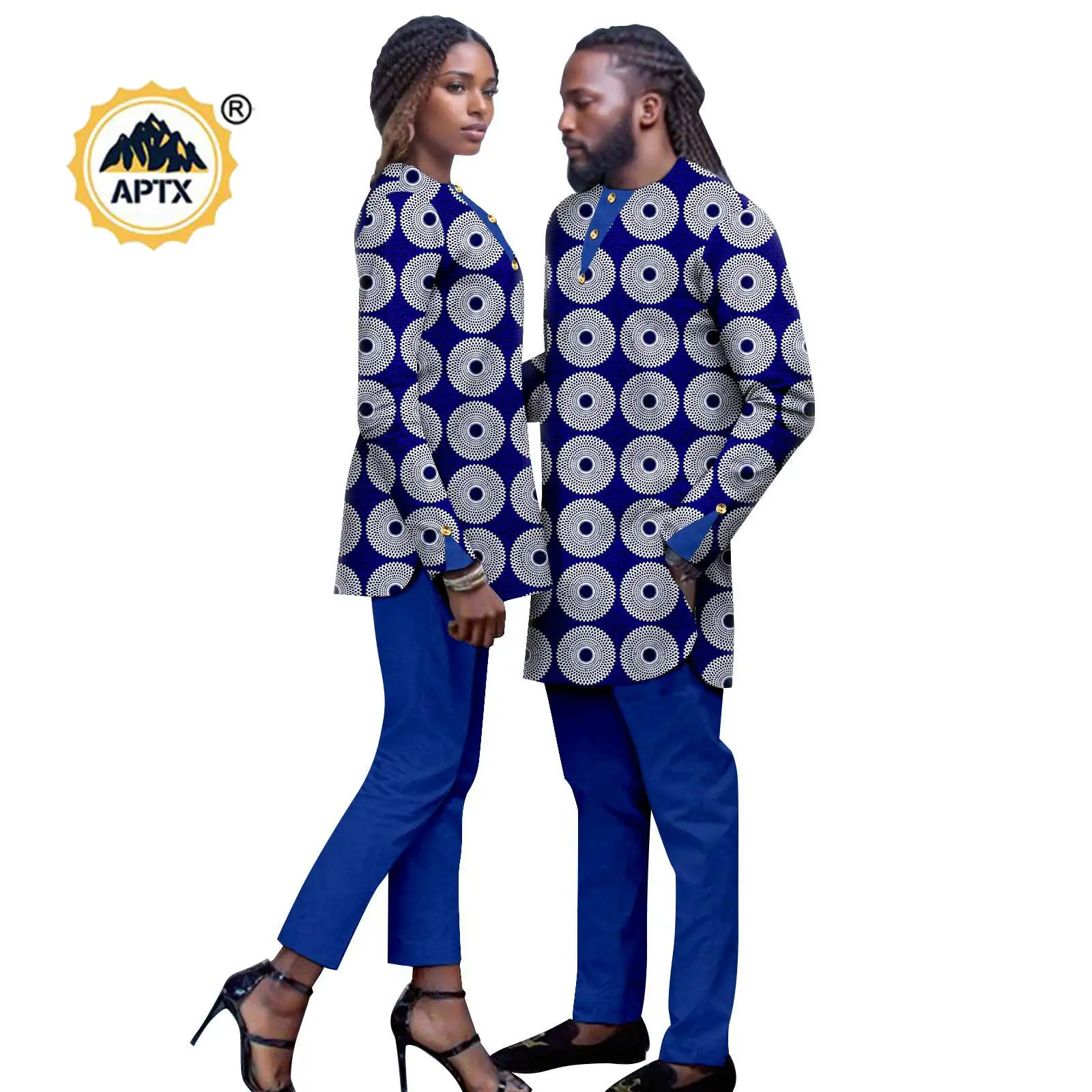 Dashiki African Print Clothes for Men Matching Couple Outfits Bazin Riche Women Ankara Button Top Shirt and Pant Sets 24C058