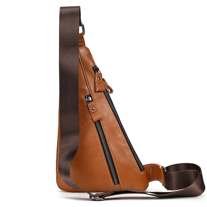 Saco de couro genuíno, sacos crossbody triangular, pacote de dia frontal no peito, uma alça de ombro, mochila para homens e mulheres