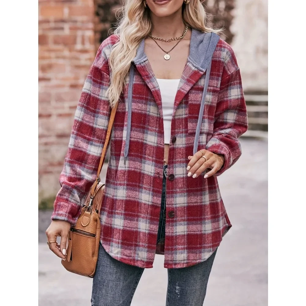 حجم كبير 1XL-5XL المرأة موضة كم طويل الخريف والشتاء الفانيلا منقوشة سترة السيدات عادية زر وهمية الرقبة سترة