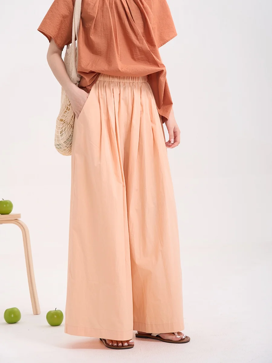 

Loose Pure Color Wide Leg Pants Women's Summer Casual Elastic Waist Versatile Comfortable Fit High Waist Cotton Blend