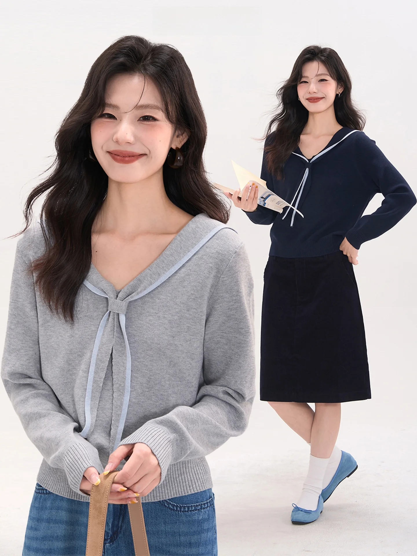 

Heme Knitted Long Sve round Ne Casual Sle Women's Top Navy Tie Window Display Floral Field Wool Blend Faionable