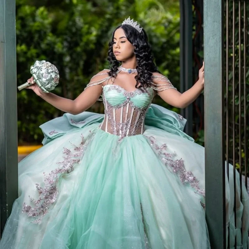 

Mint Green Quinceanera Dress Crystal Glitter Decal off-shoulder layering Bow Long tail Vestidos De 15 Quinceanera ﻿Customize