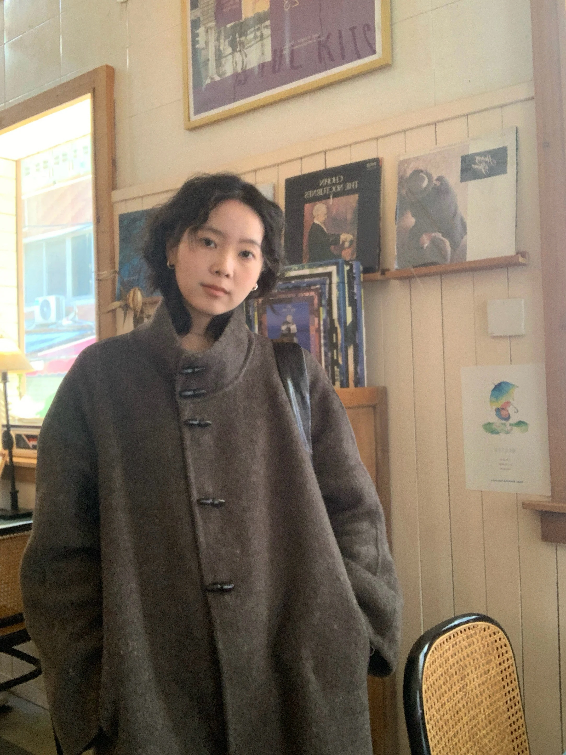 

Thi Woolen Coat Ifbeer Double-sided Wool Horn Button Long Loose Women's Retro Sle Casual Travel Outerwear Coat