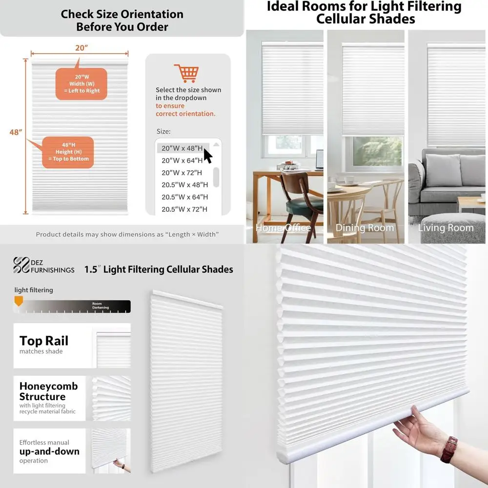 1.5 Cordless Light Filtering Cellular Shade, 70 x 48, White