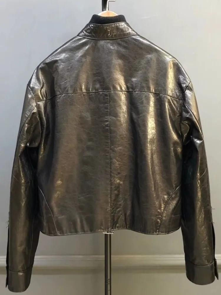 Veste en cuir véritable pour femme, Style rétro, couleur unie, qualité supérieure, ample, en peau de mouton, poche, fermeture éclair, ceintures, manches longues, vêtements d'extérieur