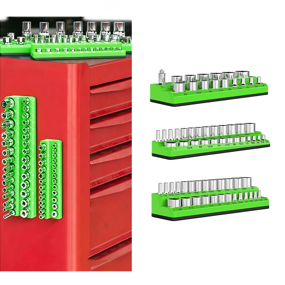 

Magnetic Socket Organizer Set 1/4 3/8 1/2 Inch SAE Sleeve Tray Holder For Auto Repair Tools Storage Green Hand Tool Organizer